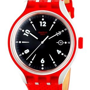 Swatch Go Jump Black Dial Red Leather Unisex Watch YES4001 - Case Diameter 41mm